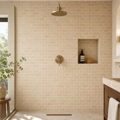Tuscany Ivory 2x4 Honed Beveled Travertine Subway Mosaic Tile — Bathroom shower wall