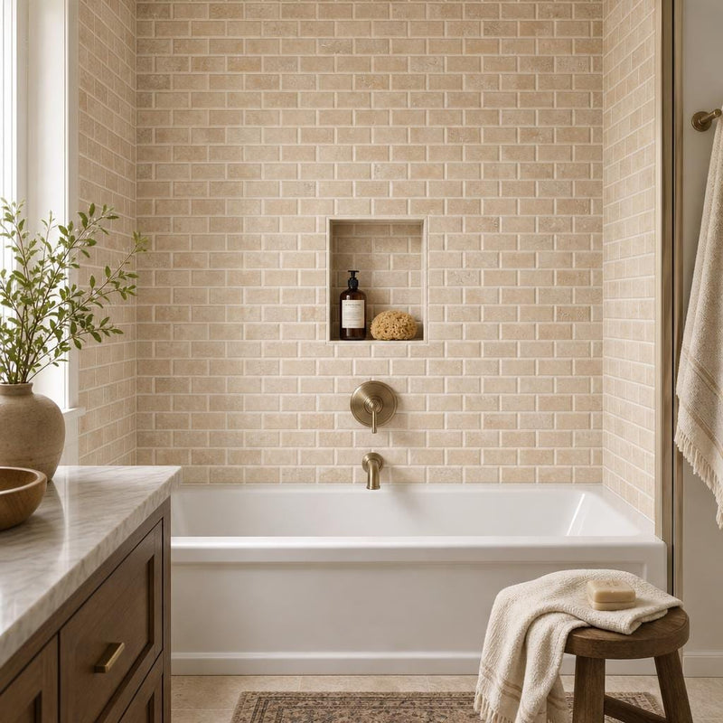 Tuscany Ivory 2x4 Honed Beveled Travertine Subway Mosaic Tile — Bathroom tub surround