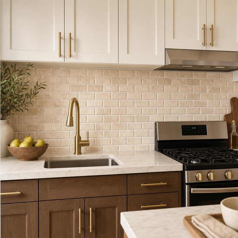 Tuscany Ivory 2x4 Honed Beveled Travertine Subway Mosaic Tile — Kitchen backsplash