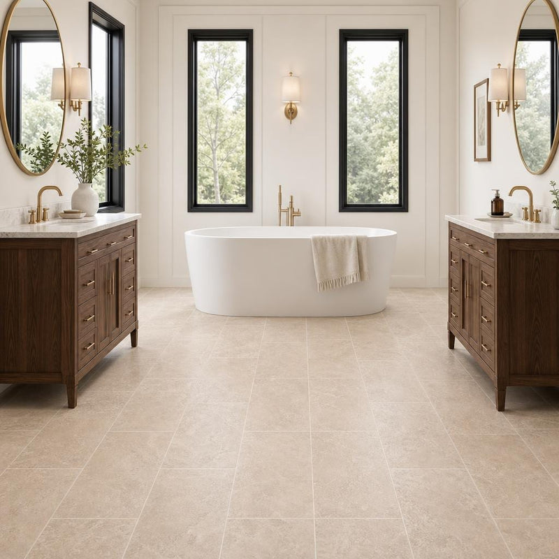Tuscany Platinum 12x24 Honed Travertine Tile — Bathroom floor