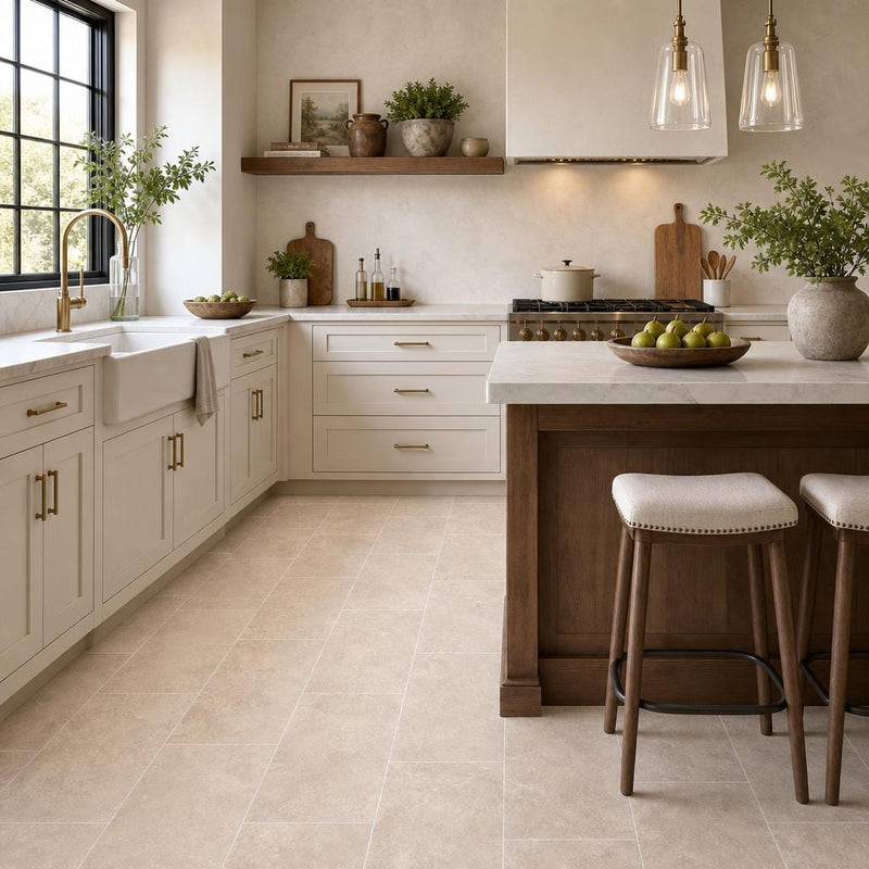 Tuscany Platinum 12x24 Honed Travertine Tile — Kitchen floor