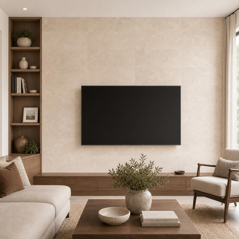 Tuscany Platinum 12x24 Honed Travertine Tile — Living Room feature wall