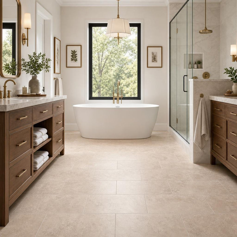 Tuscany Platinum 12x24 Honed Travertine Tile — Primary Bath floor