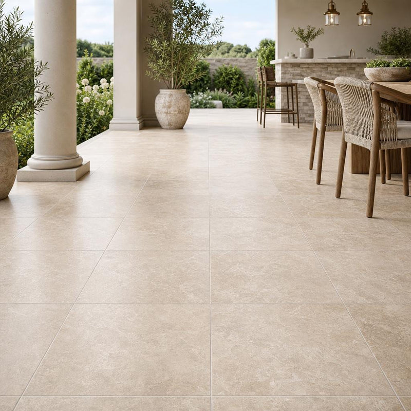 Tuscany Platinum 18x18 Honed Travertine Tile — Covered Patio floor