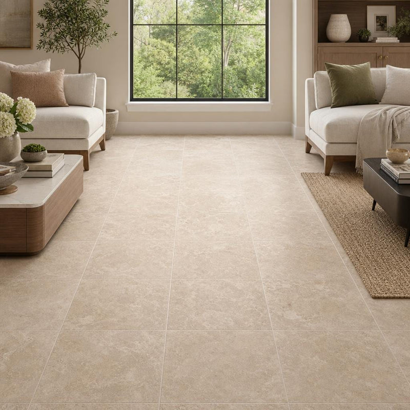Tuscany Platinum 18x18 Honed Travertine Tile — Family Room floor