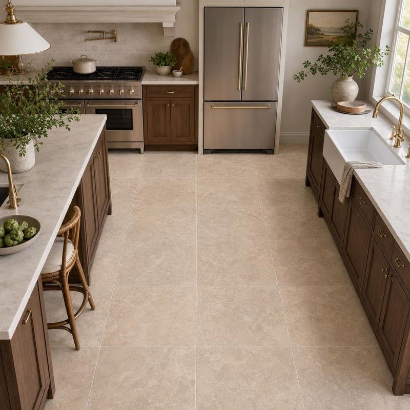 Tuscany Platinum 24x24 Honed Travertine Tile — Kitchen floor