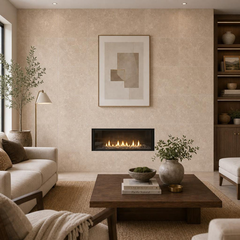 Tuscany Platinum 24x24 Honed Travertine Tile — Living Room feature wall