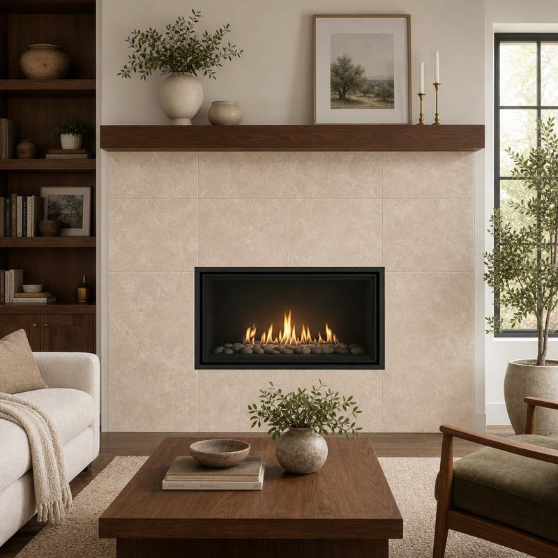 Tuscany Platinum 24x24 Honed Travertine Tile — Living Room fireplace surround
