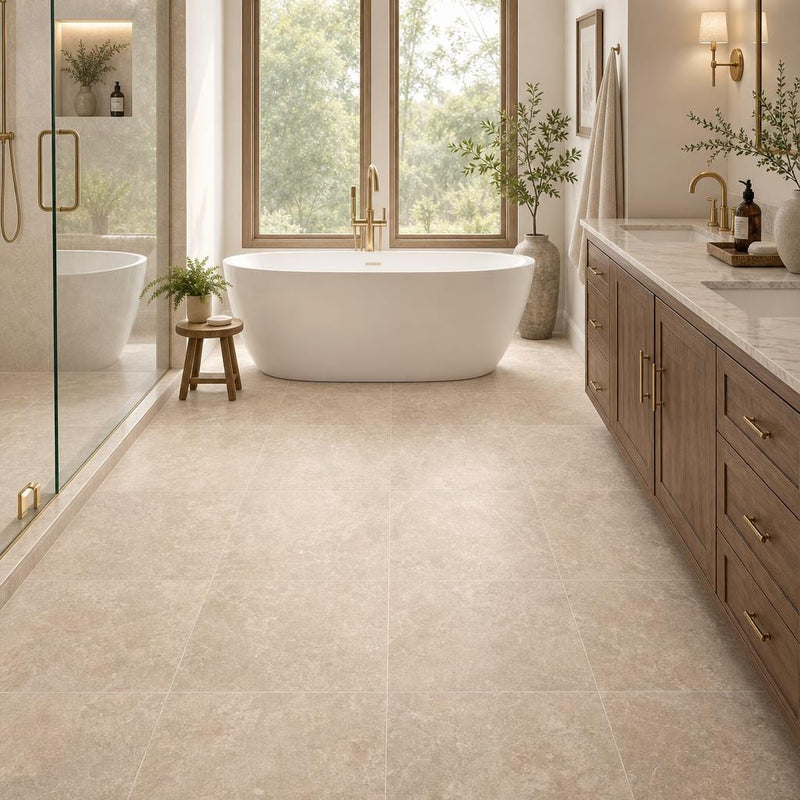 Tuscany Platinum 24x24 Honed Travertine Tile — Primary Bath floor