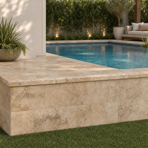 Tuscany Porcini 12x24 HUF 3CM Travertine Pool Coping — Swimming Pool raised bond beam cap
