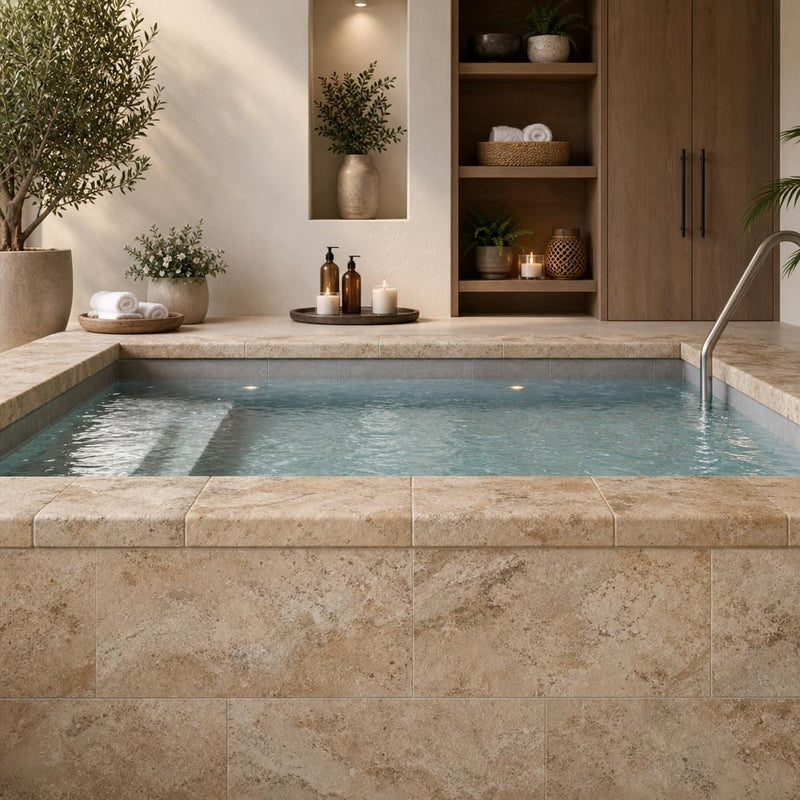 Tuscany Porcini 12x24 HUFB Travertine Pool Coping — Spa spa edge coping