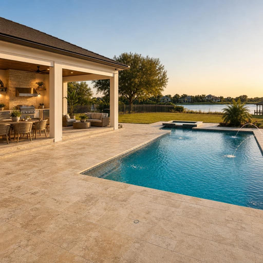 Tuscany Porcini 12x24 HUFB Travertine Pool Coping — Swimming Pool pool edge coping