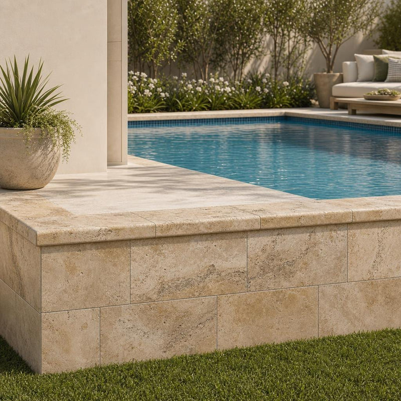 Tuscany Porcini 12x24 HUFB Travertine Pool Coping — Swimming Pool raised bond beam cap