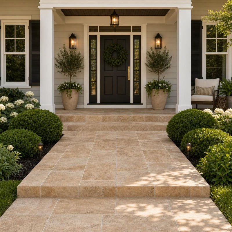 Tuscany Porcini 16x24 Tumbled Travertine Paver — Front Yard front porch