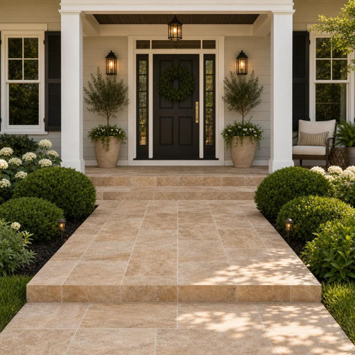 Tuscany Porcini 16x24 Tumbled Travertine Paver — Front Yard front porch
