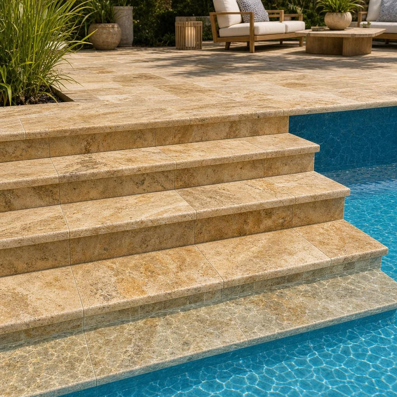 Tuscany Scabas 12x24 HUF 3CM Travertine Pool Coping — Swimming Pool pool step edge
