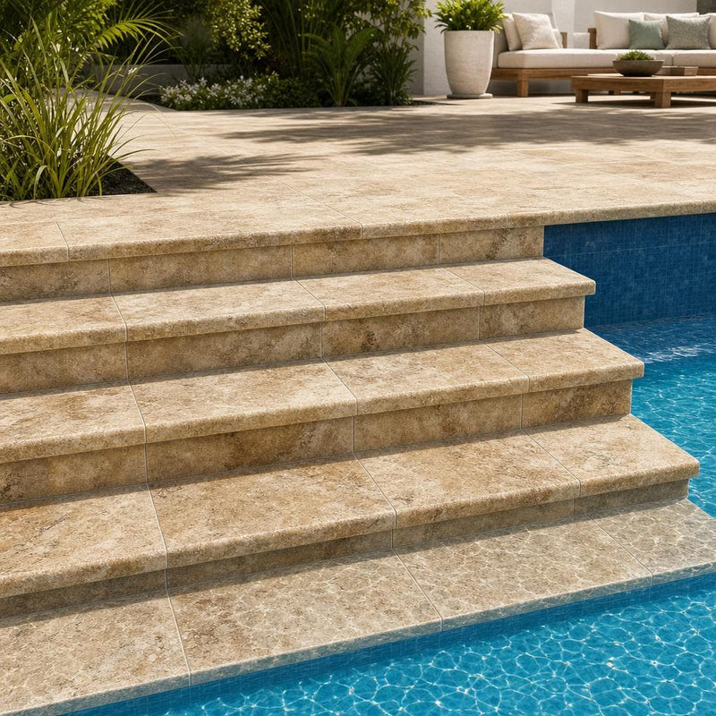 Tuscany Scabas 12x24 HUF 5CM Travertine Pool Coping — Swimming Pool pool step edge
