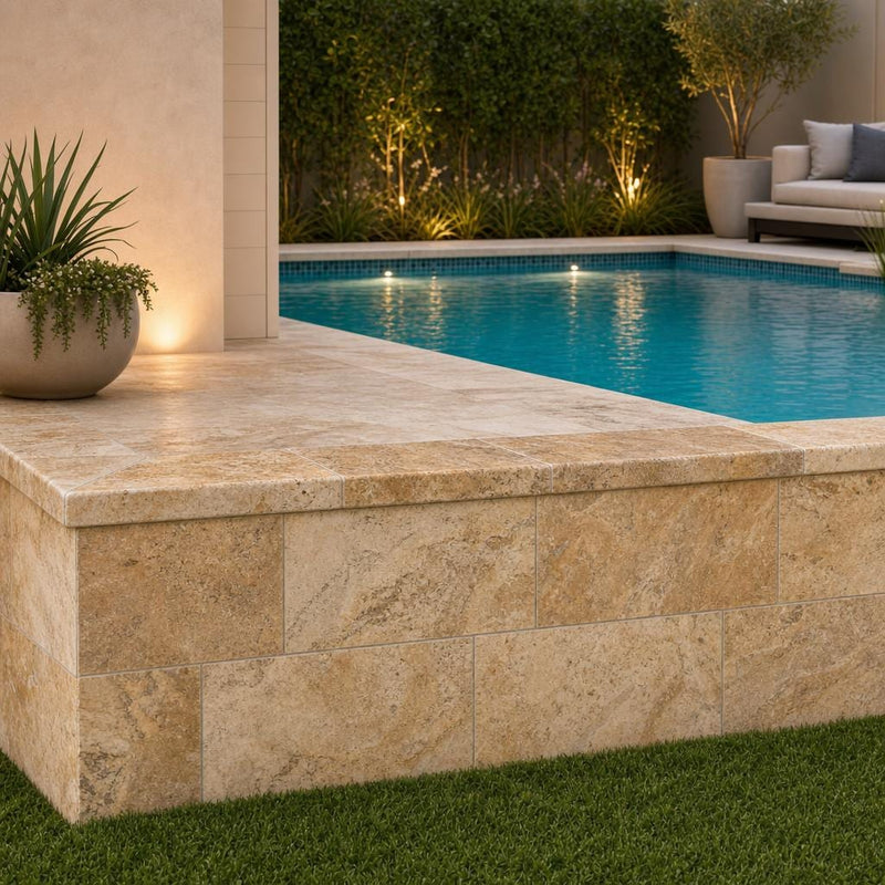 Tuscany Scabas 12x24 HUF 5CM Travertine Pool Coping — Swimming Pool raised bond beam cap