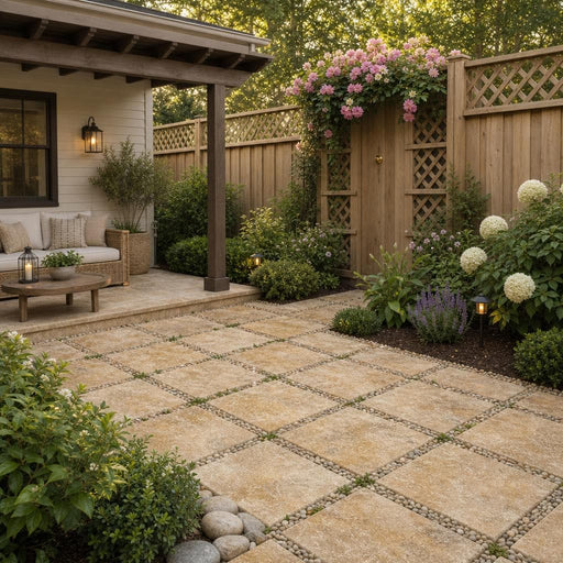 Tuscany Scabas 16x16 Tumbled Travertine Paver — Backyard patio