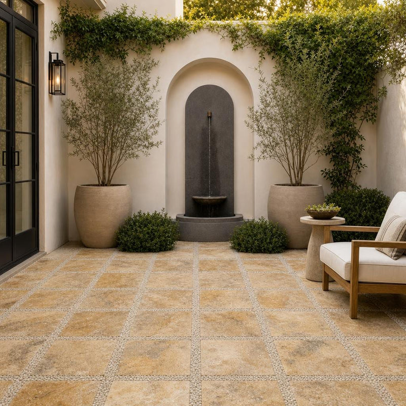 Tuscany Scabas 16x16 Tumbled Travertine Paver — Courtyard paving