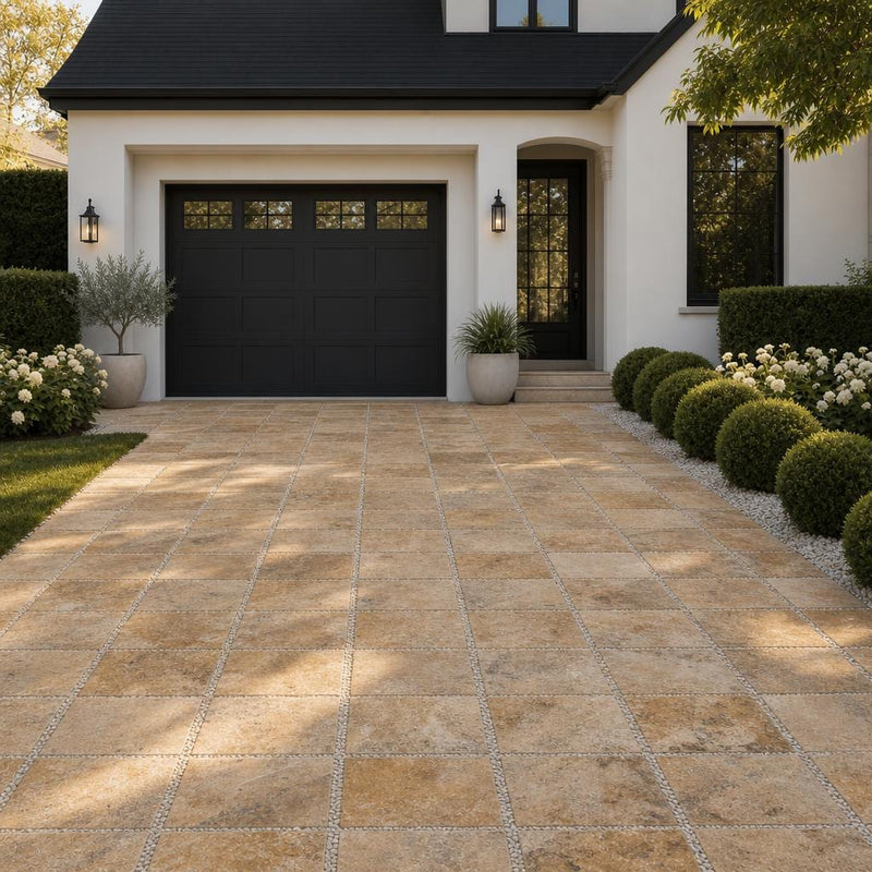 Tuscany Scabas 16x16 Tumbled Travertine Paver — Front Yard driveway