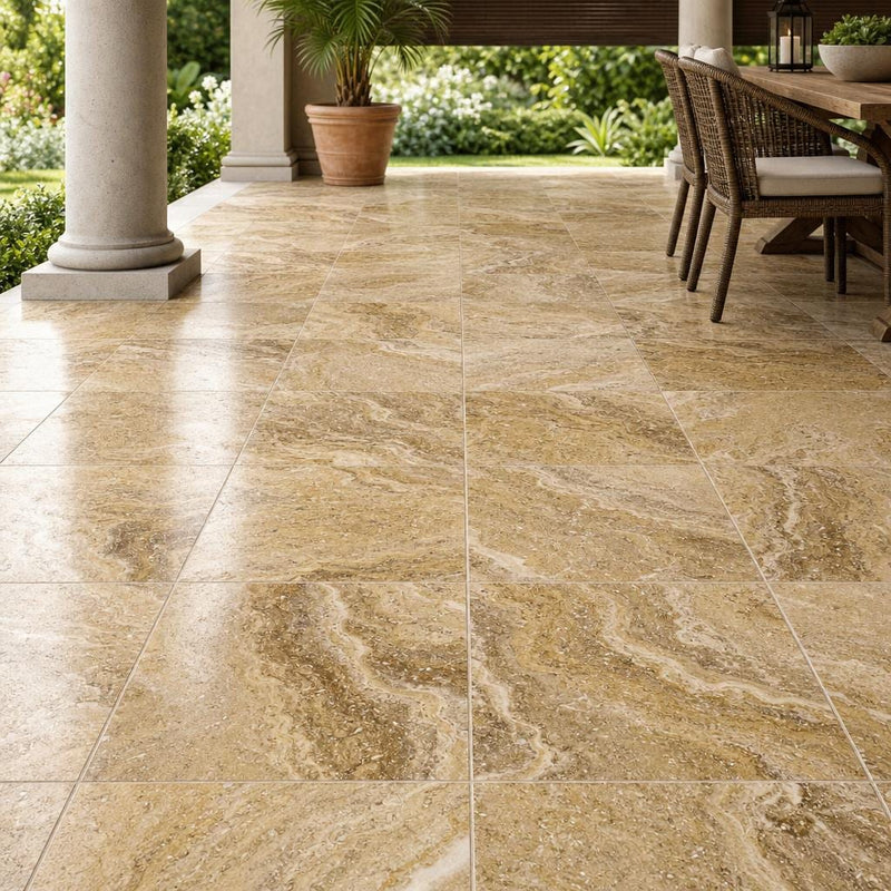 Tuscany Scabas 18x18 HF Travertine Tile — Covered Patio floor