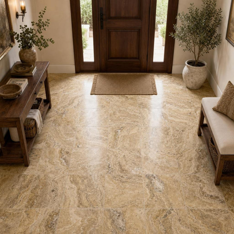 Tuscany Scabas 18x18 HF Travertine Tile — Foyer floor