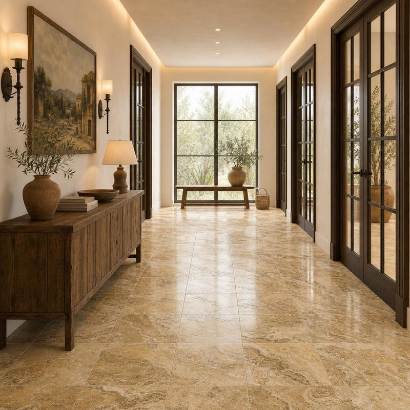 Tuscany Scabas 18x18 HF Travertine Tile — Hallway floor