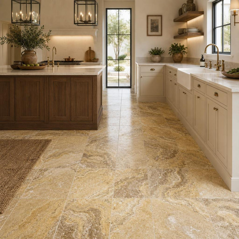 Tuscany Scabas 18x18 HF Travertine Tile — Kitchen floor