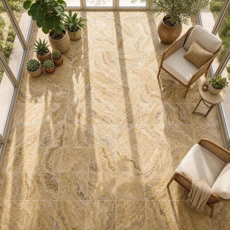 Tuscany Scabas 18x18 HF Travertine Tile — Sunroom floor