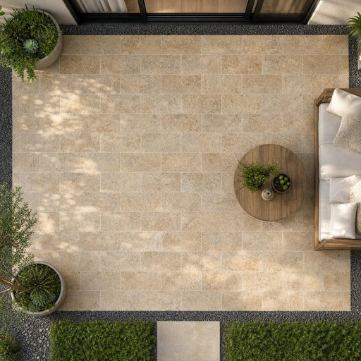 Tuscany Scabas 8x16 Tumbled Travertine Paver — Backyard patio