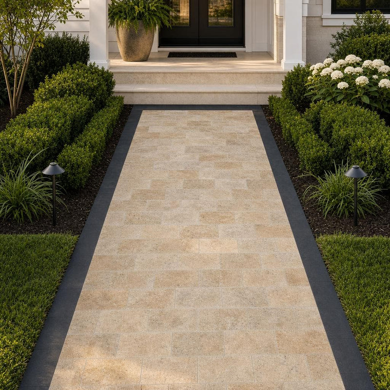 Tuscany Scabas 8x16 Tumbled Travertine Paver — Front Yard walkway