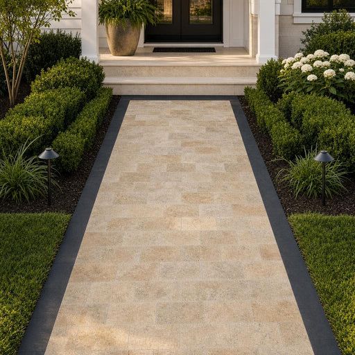Tuscany Scabas 8x16 Tumbled Travertine Paver — Front Yard walkway