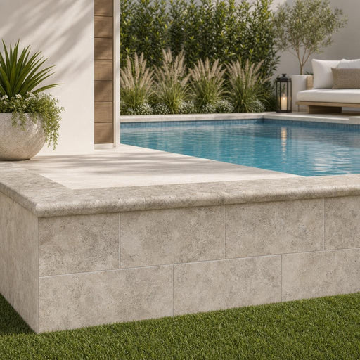 Tuscany Silver 12x24 HUF 5CM Travertine Pool Coping — Swimming Pool raised bond beam cap