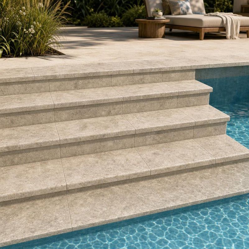 Tuscany Silver 12x24 Tumbled 3CM Travertine Pool Coping — Swimming Pool pool step edge