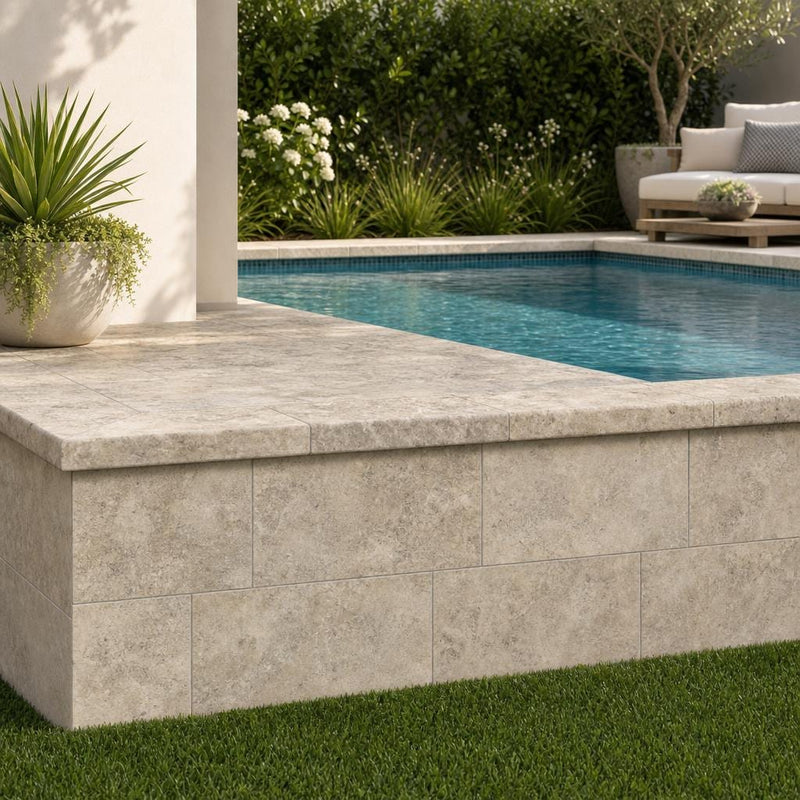 Tuscany Silver 12x24 Tumbled 3CM Travertine Pool Coping — Swimming Pool raised bond beam cap