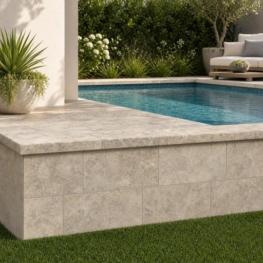 Tuscany Silver 12x24 Tumbled 3CM Travertine Pool Coping — Swimming Pool raised bond beam cap