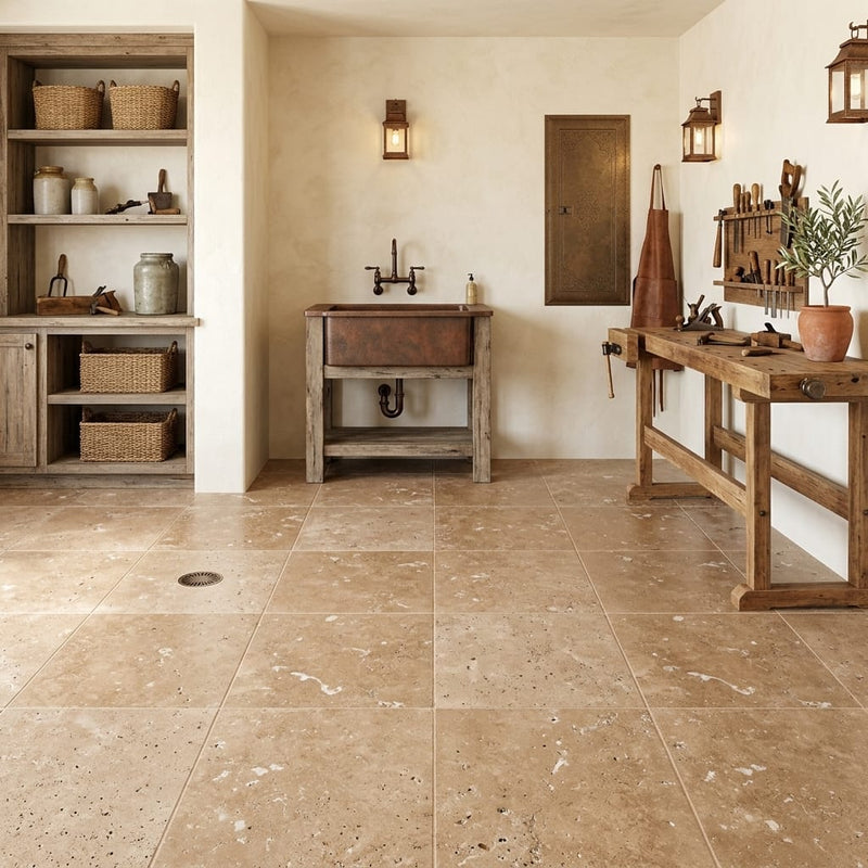 Tuscany Walnut 12x12 HF Travertine Tile — Basement floor