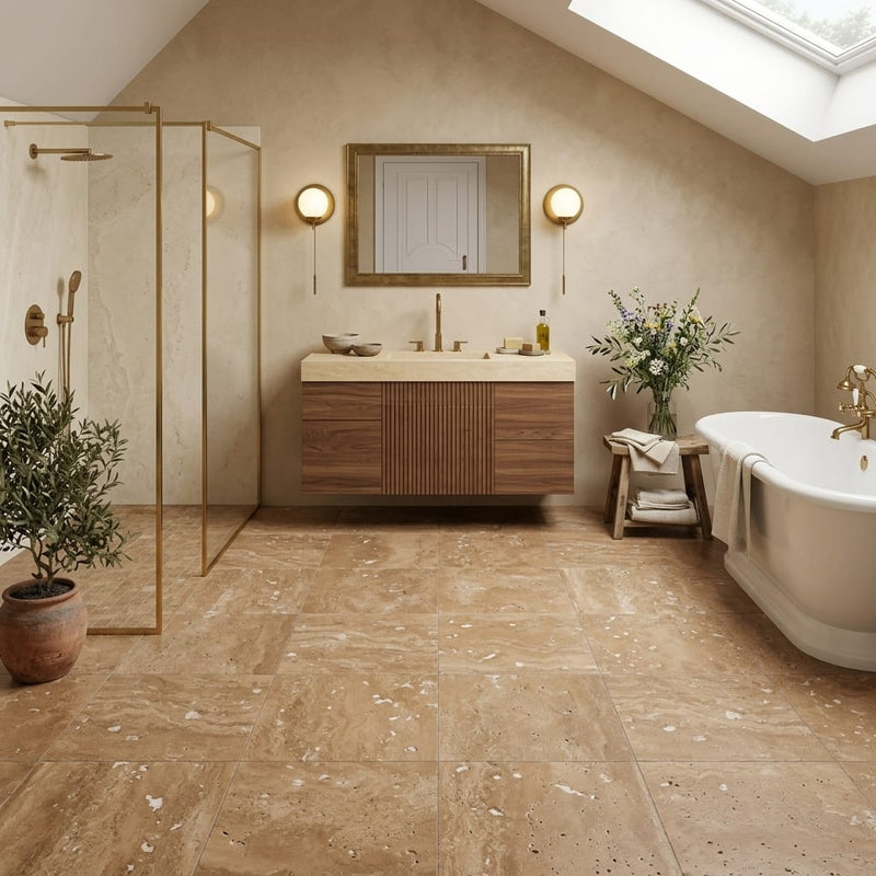 Tuscany Walnut 12x12 HF Travertine Tile — Bathroom floor