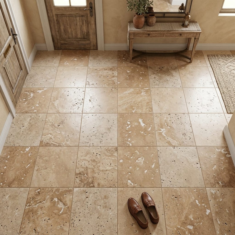 Tuscany Walnut 12x12 HF Travertine Tile — Foyer floor