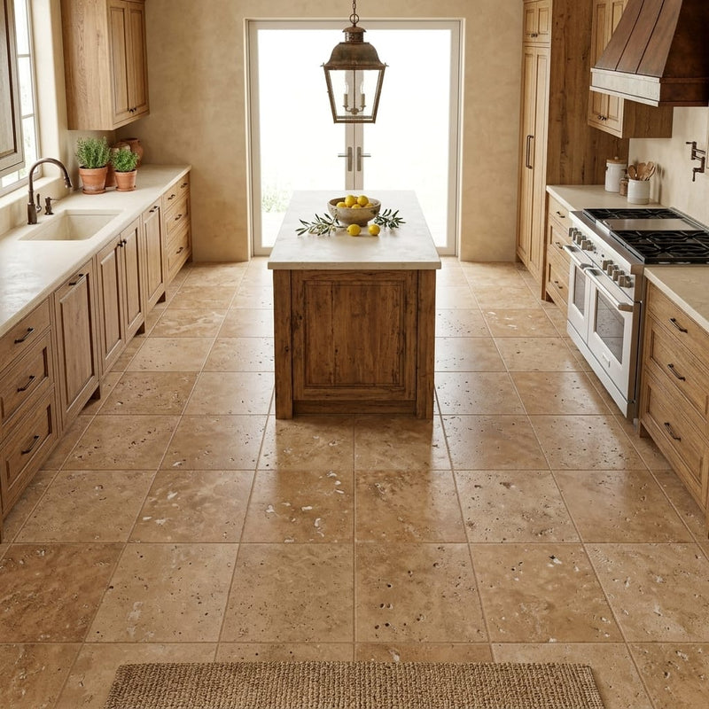 Tuscany Walnut 12x12 HF Travertine Tile — Kitchen floor