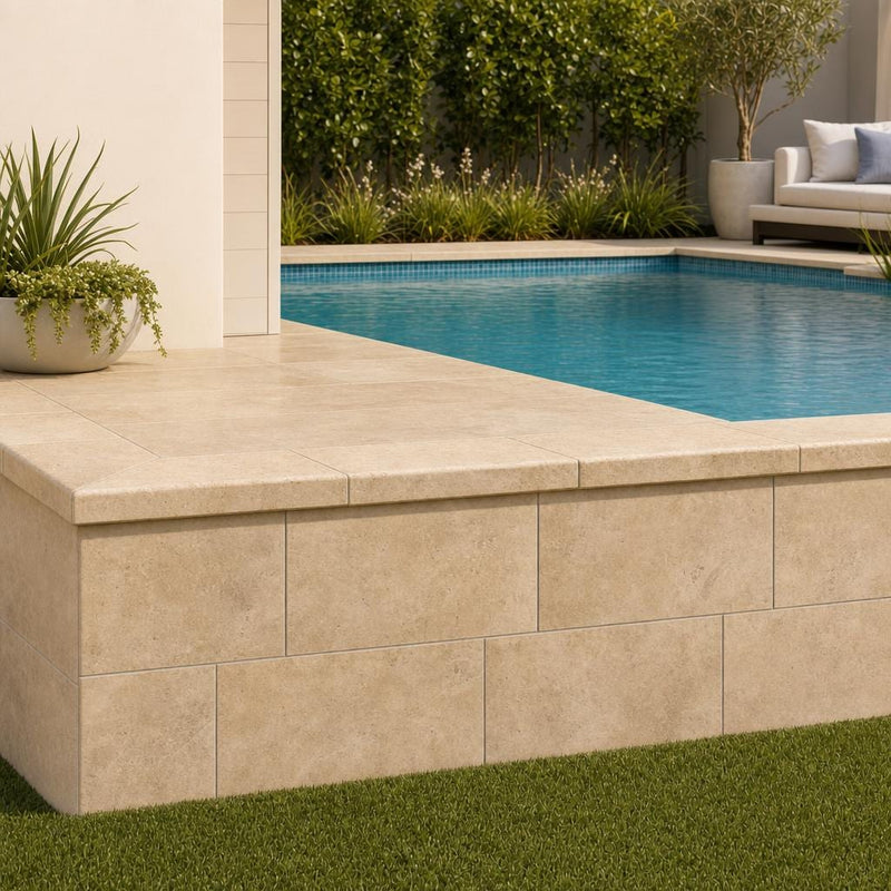 Tuscany Walnut 12x24 Eased Edge HUFB 5CM Travertine Pool Coping — Swimming Pool raised bond beam cap