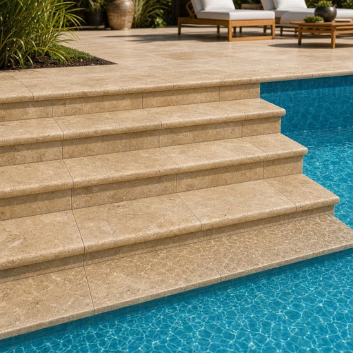 Tuscany Walnut 12x24 HUF 3CM Travertine Pool Coping — Swimming Pool pool step edge