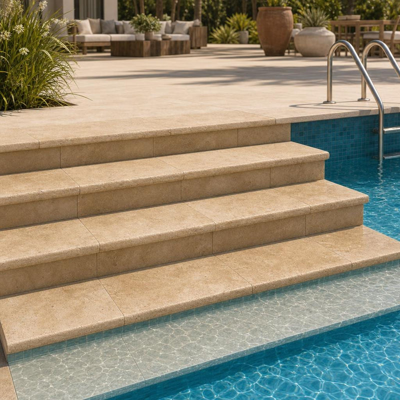 Tuscany Walnut 12x24 HUFB 5CM Travertine Pool Coping — Swimming Pool pool step edge