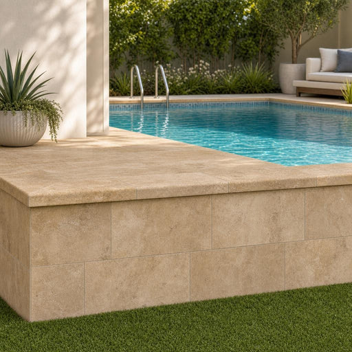 Tuscany Walnut 12x24 HUFB 5CM Travertine Pool Coping — Swimming Pool raised bond beam cap