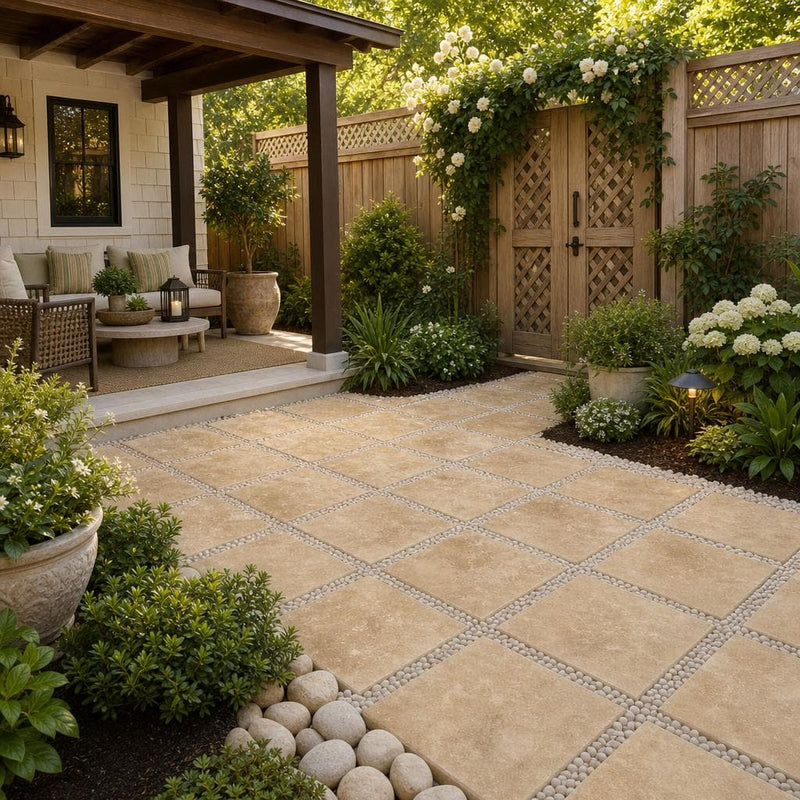 Tuscany Walnut 16x16 Tumbled Travertine Paver — Backyard patio