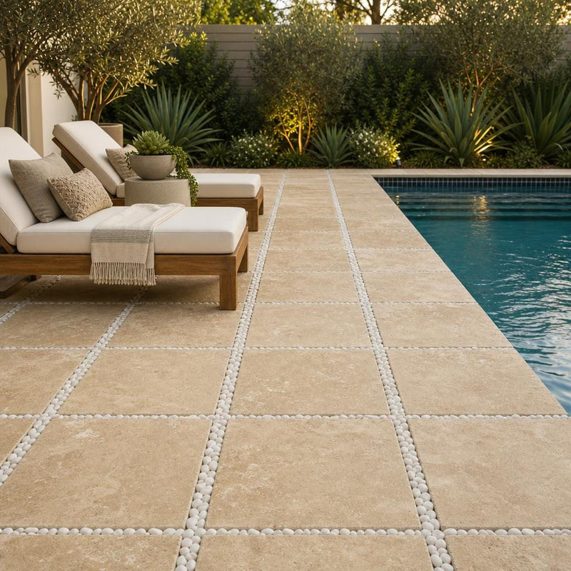 Tuscany Walnut 16x16 Tumbled Travertine Paver — Backyard pool deck