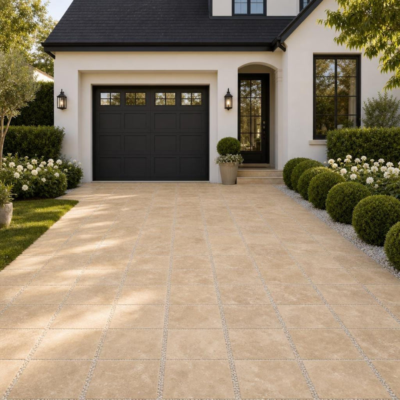 Tuscany Walnut 16x16 Tumbled Travertine Paver — Front Yard driveway