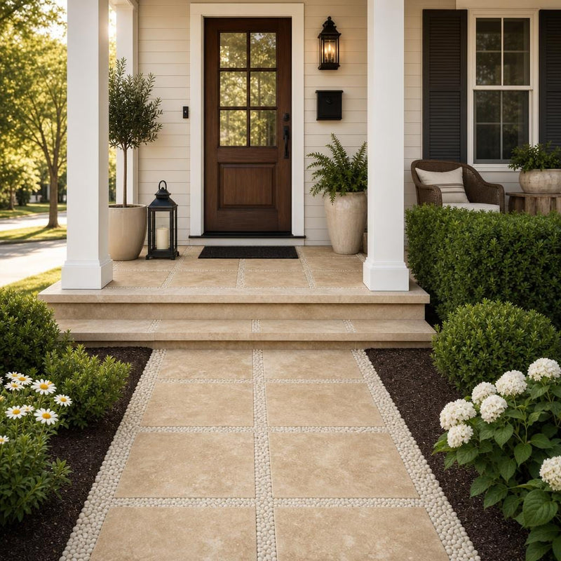 Tuscany Walnut 16x16 Tumbled Travertine Paver — Front Yard front porch