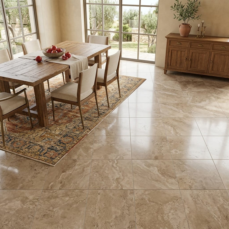 Tuscany Walnut 18x18 HF Travertine Tile — Dining Room floor